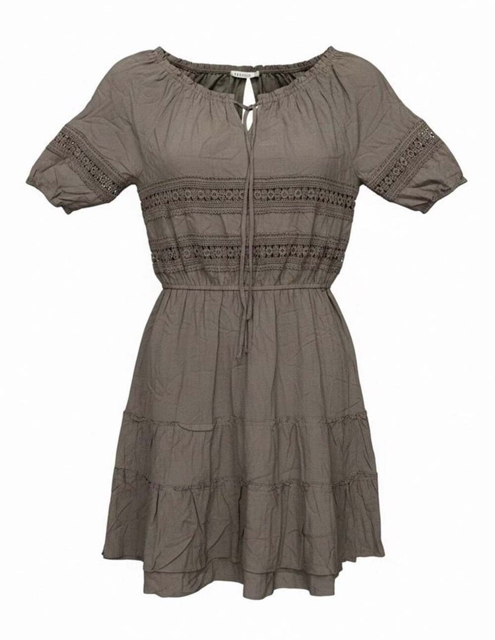 Solitaire Women’s Taupe Boho Crochet Lace Tiered Peasant Dress Short Sleeve